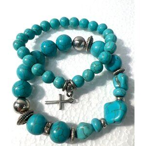 Faux Turquoise Beaded Stretch Bracelets Silver-tone, Rhinestones and Cross
